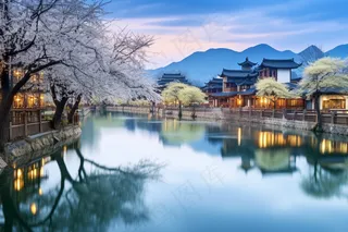 古风古城小镇夕阳美景湖面倒影村庄摄影图