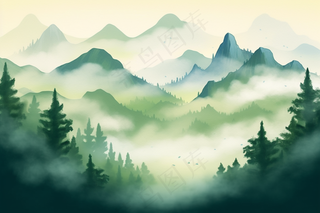 国风山川河流山水画青山绿水插画背景