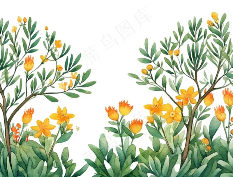 春季春天花草植物水彩鲜花花卉枝叶插画免抠(1264x960)
