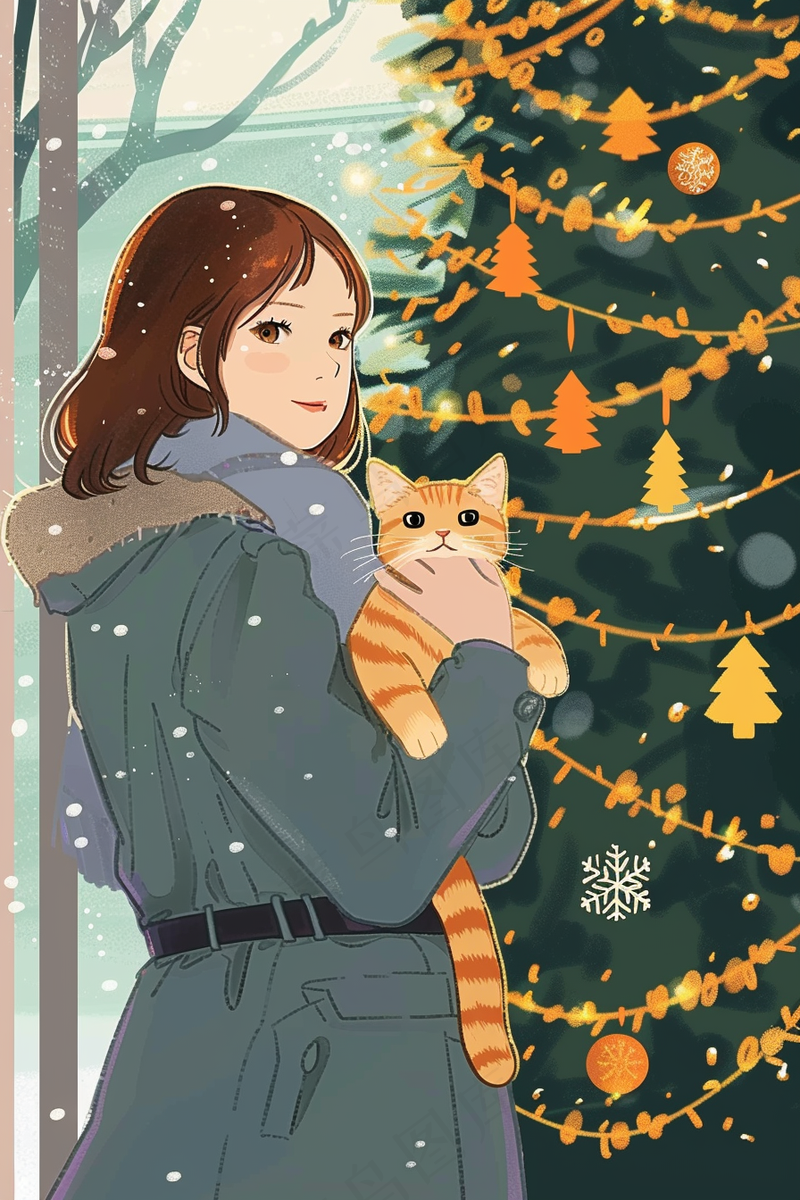 在咖啡馆外抱着猫咪的知性女孩圣诞插画背景(2688x4032)