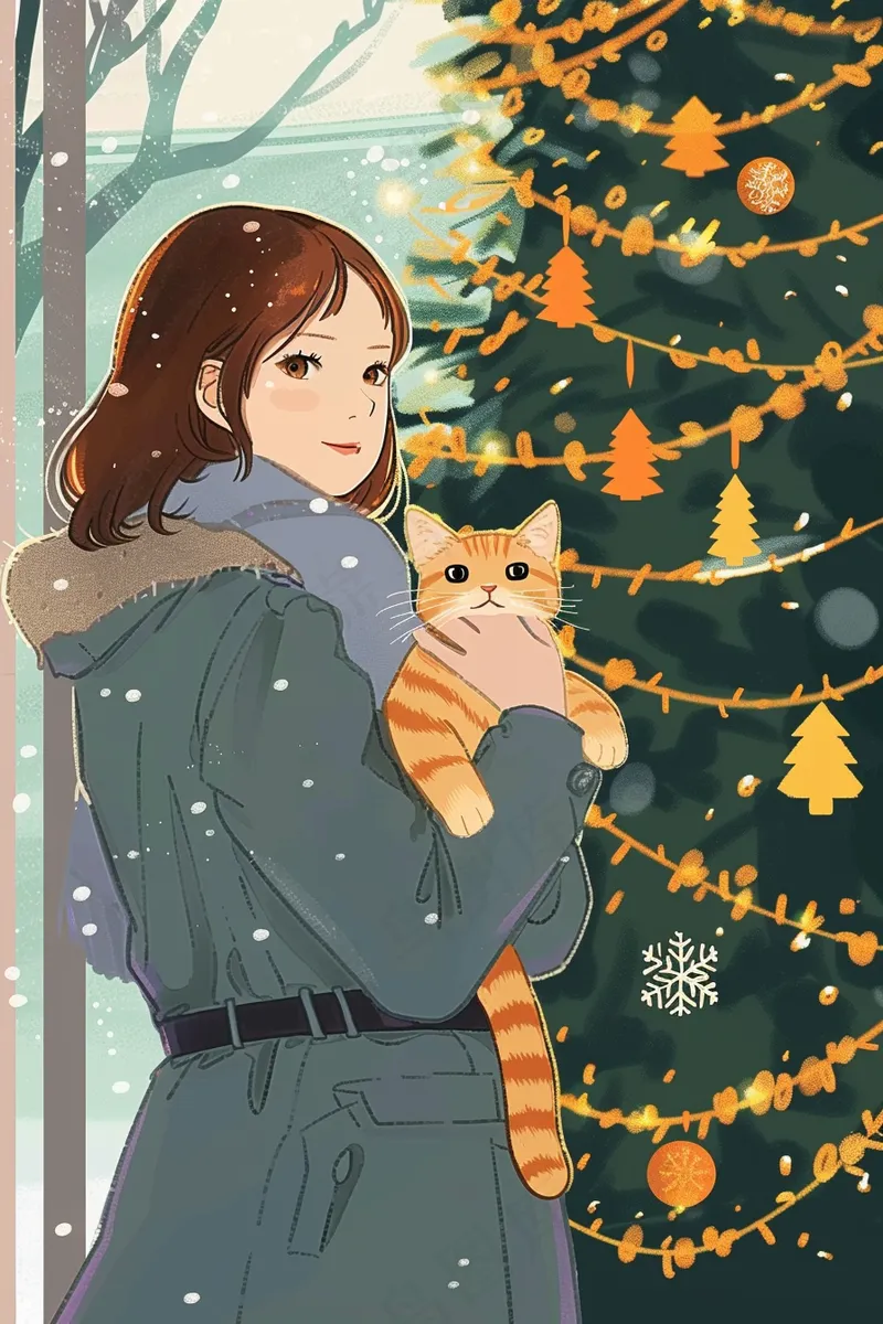 在咖啡馆外抱着猫咪的知性女孩圣诞插画背景(2688x4032)