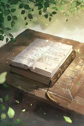 古老破旧的木桌上的魔法书书籍插画背景