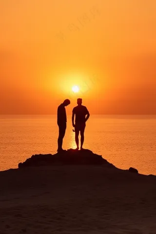 夕阳落日海洋沙滩玩耍的人晚霞美景摄影图