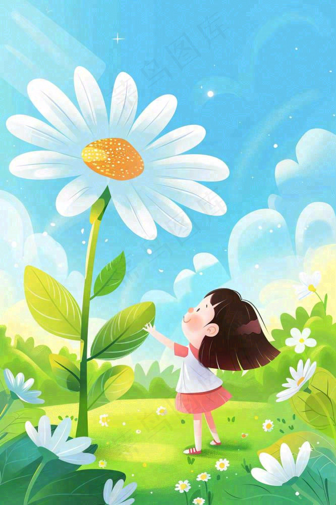 夏天插画手绘夏日风景立夏夏至节气炎热雏菊花朵卡通少女卡通(896x1344)