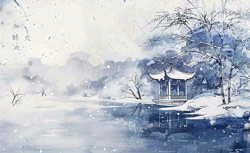 古风水墨中国风风景冬天凉亭雪花大寒小雪大雪插画背景(1408x864)