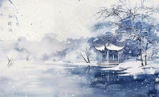 古风水墨中国风风景冬天凉亭雪花大寒小雪大雪插画背景