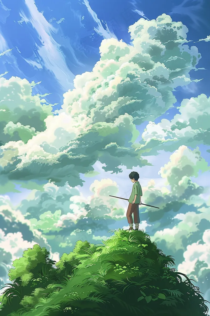 夏日天空之境男孩白云蓝天绿草地插画背景(2688x4032)