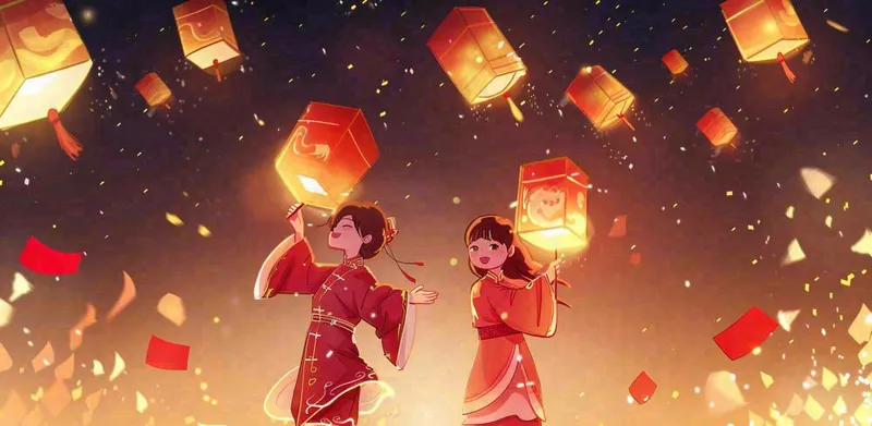新年春节祈福孔明灯热闹中元节插画背景(1568x768)