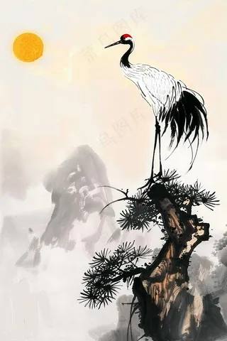 水墨国画丹顶鹤屹立岩石松树插画背景