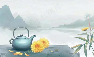 中国山水水墨画菊花饮茶重阳清明寒露插画背景