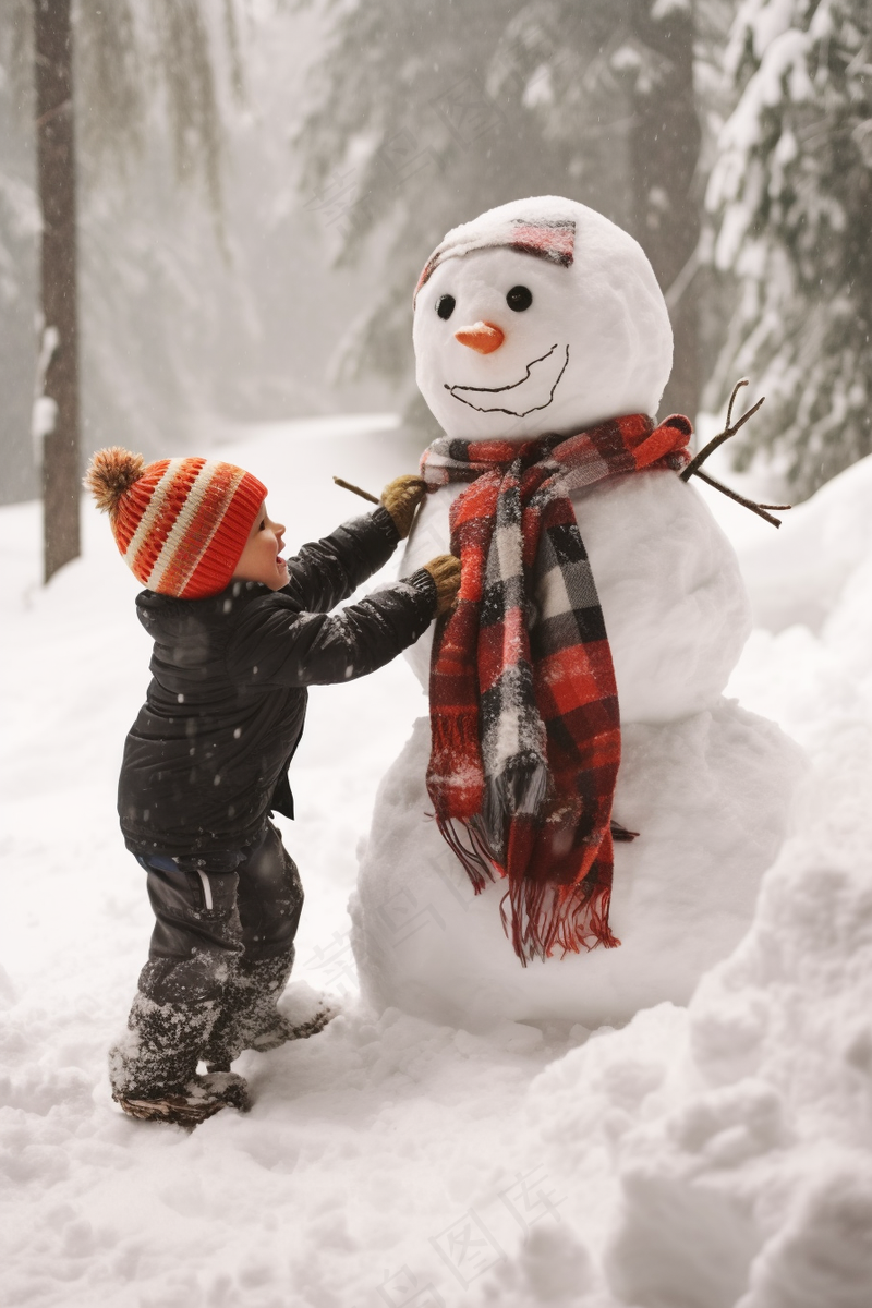 冬季雪地堆雪人的孩子大雪纷飞摄影图