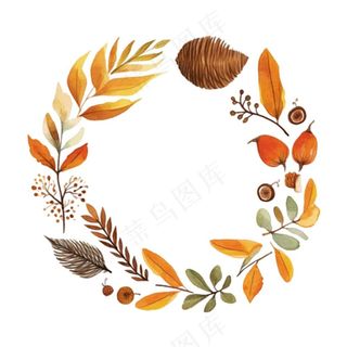 枫叶落叶树叶简约秋天圆形边框水彩画插画免抠