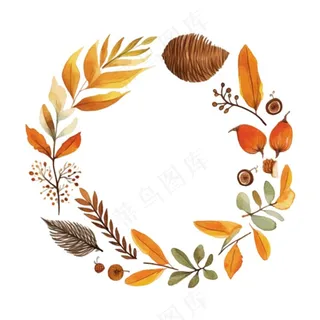 枫叶落叶树叶简约秋天圆形边框水彩画插画免抠