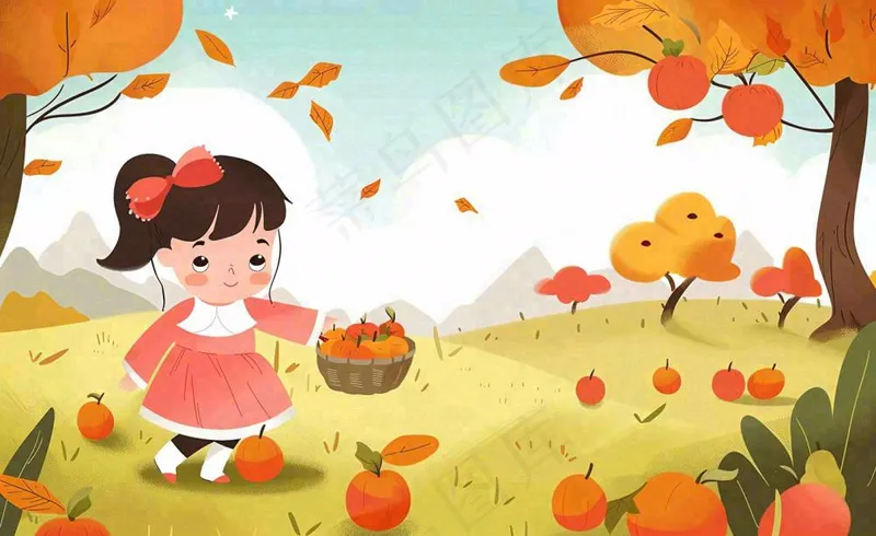 秋天摘水果的女孩果树落叶秋分立秋卡通插画背景(1408x864)