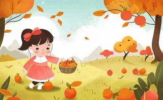 秋天摘水果的女孩果树落叶秋分立秋卡通插画背景
