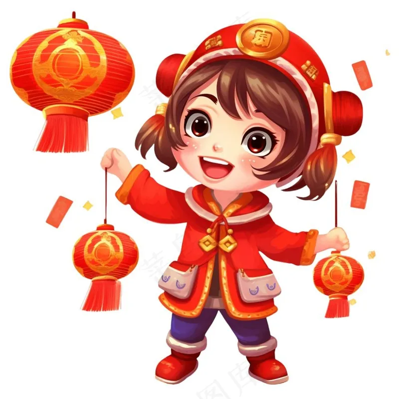 新年儿童拜年张灯结彩国潮春节红色手绘卡通插画免抠(1024x1024)