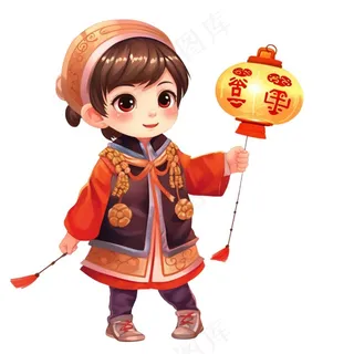 新年儿童拜年张灯结彩国潮春节红色手绘卡通插画免抠