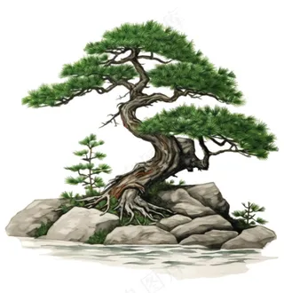 松树石壁上的迎客松古风水墨画插画免抠