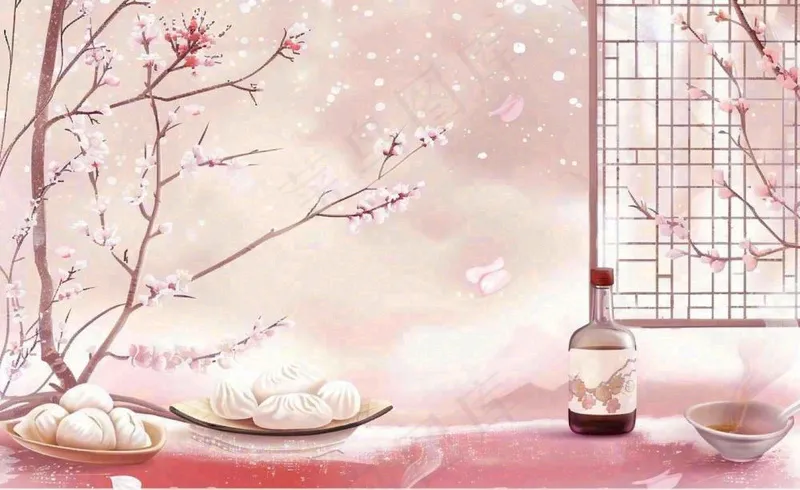 古风冬天冬至新年春节梅花饺子包子酒壶美食植物雪景立冬小雪山水风景插画(1408x864)