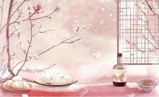 古风冬天冬至新年春节梅花饺子包子酒壶美食植物雪景立冬小雪山水风景插画