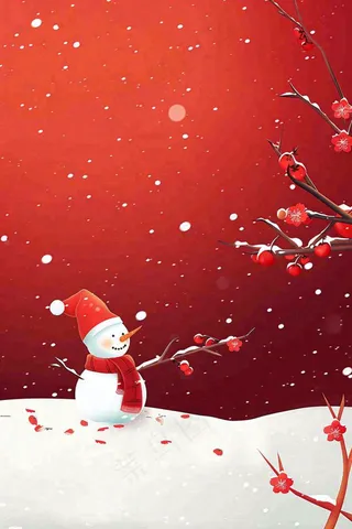 红色宫墙背景白色雪人梅花冬至新年春节小年喜庆卡通插画背景