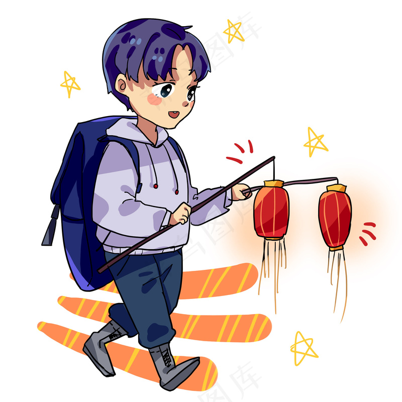 绘元宵节男孩点花灯插画素材