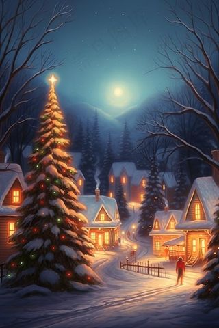 雪景夜晚小屋圣诞雪路背景