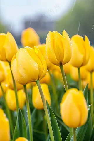 雨天黄色郁金香花朵摄影图