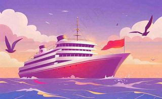 夕阳落日下的海上邮轮船海鸥度假旅游建军卡通插画背景