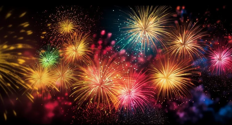 烟花五颜六色的烟花庆典新年节日暮色的天空背景摄影图(4368x2358)