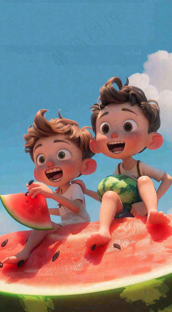 夏天西瓜男孩玩耍欢乐清凉解暑盛夏夏至大暑插画背景(816x1472)