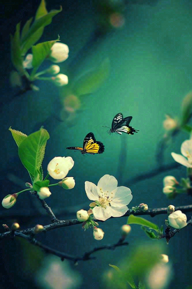 白花树枝上的蝴蝶春天万物生长立春惊蛰春分寒露摄影图