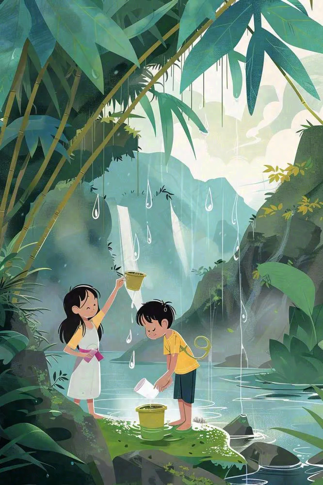 夏天孩子们在森林丛林小溪玩水嬉水处暑夏至卡通插画背景(896x1344)