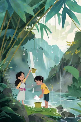 夏天孩子们在森林丛林小溪玩水嬉水处暑夏至卡通插画背景