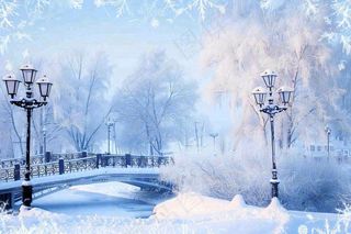 冬天白雪皑皑雪景河流街道路灯桥小雪大雪冬至雪花背景