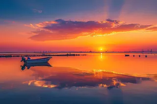 落日海洋沙滩夕阳晚霞摄影图 