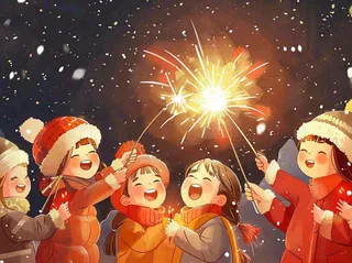 孩童儿童一起放烟花场景开心热闹庆祝新年春节小年除夕夜卡通插画