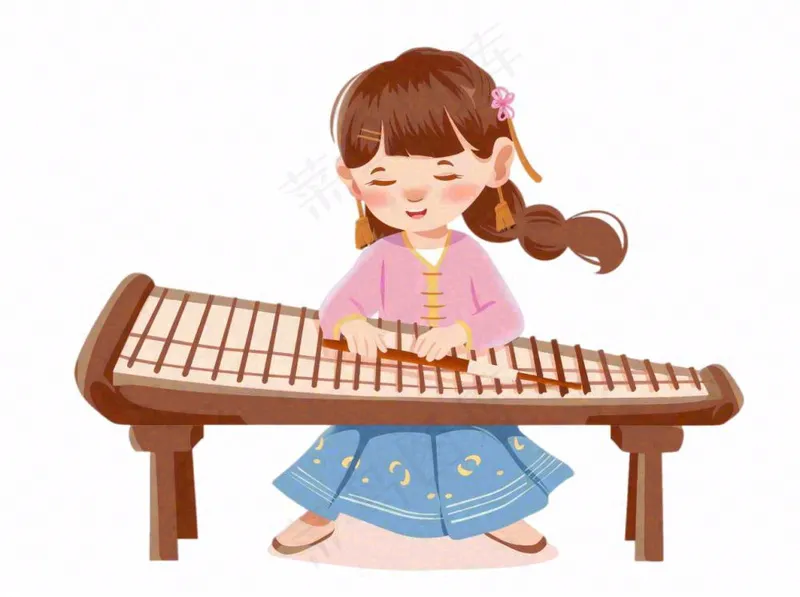 中国传统乐器弹奏古筝琵琶中国风古装女孩人物卡通插画免抠(1264x944)