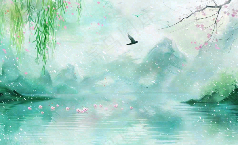 春天桃花柳树燕子清明山水国画中国风古风水雨水谷雨背景(1408x864)