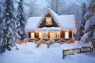 圣诞节雪木屋装饰灯森林木屋摄影图