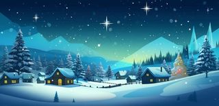 冬季雪天圣诞小镇装饰夜晚节日氛围卡通插画背景