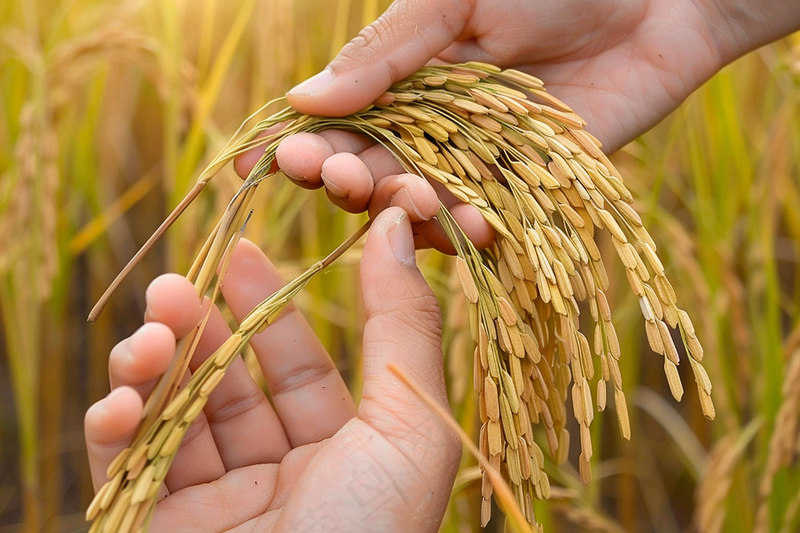 a person holding a stalk of rice in their hand, a digital rendering by Joseph Werner, pixabay, conceptual art, harvest, strong grain, high grain (4032x2688)