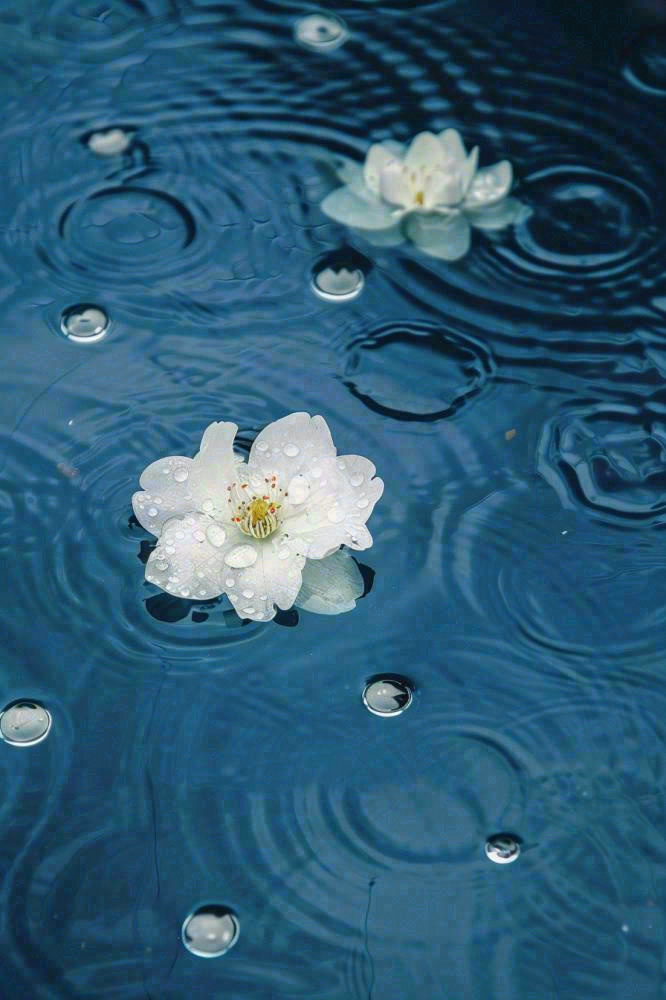 下雨天掉落在蓝色水面的白色花朵清新淡雅雨水处暑寒露摄影图(896x1344)
