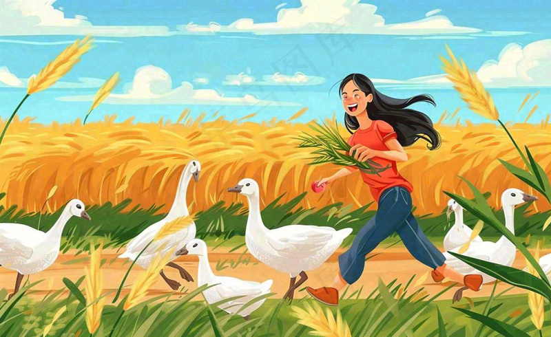 秋天丰收农田女孩赶鸭鹅农活农忙欢乐金色麦田秋分立秋芒种卡通插画背景