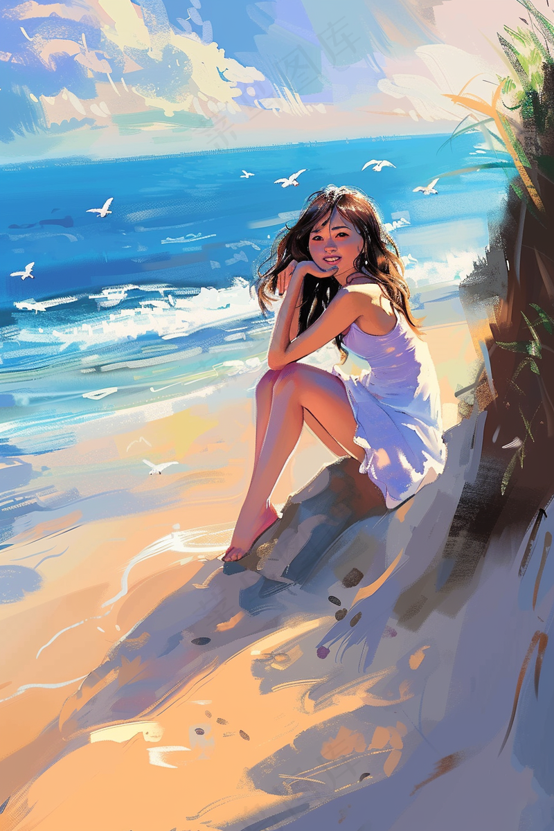 夏日海边沙滩美女海鸥清凉插画背景(2688x4032)