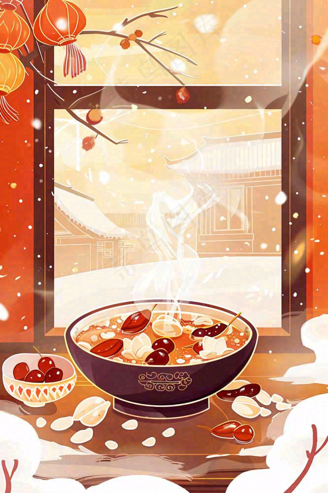 腊八粥冬季新年腊八节卡通插画背景(896x1344)