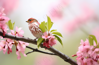 春天桃花树枝上的小鸟摄影图
