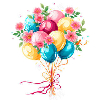免抠一束卡通带花多色气球