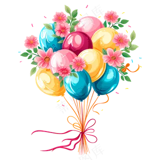 免抠一束卡通带花多色气球