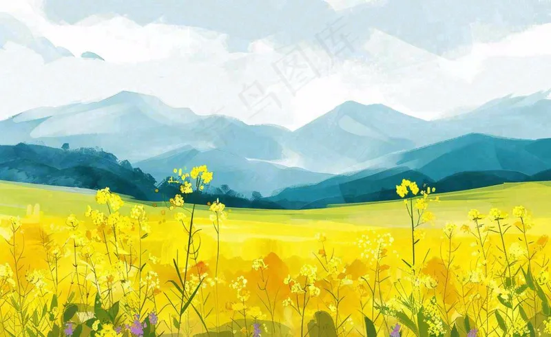 春天油菜花花田山峦蓝天白云惊蛰春分卡通插画背景(1408x864)